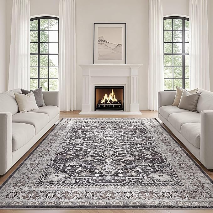 9x12 Area Rug Living Room: Washable Boho Large Vintage Moody Soft Rugs Distressed Oriental Stain Resistant Non-Slip Indoor Floor Carpet for Bedroom Playroom Office Dining Room Retro Home House- Black