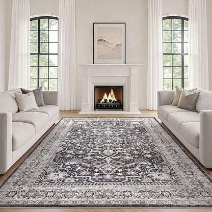 Black Rug Living Room Rugs: 7x9 Washable Boho Large Vintage Moody Soft Stain Resistant Oriental Farmhouse Non-Slip Indoor Floor Carpet for Bedroom Playroom Office Dining Room Retro Home Decor