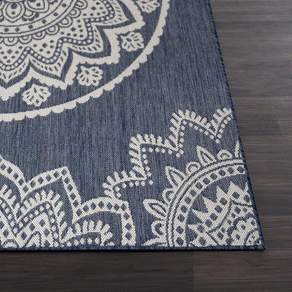 CAMILSON Outdoor Rug 9x12 Modern Area Rugs for Large Indoor and Outdoor Patios and Porches - Waterproof Washable Non-Shedding, Easy-to-Clean Outside Carpet (9 x 12, Medallion - Blue/White)