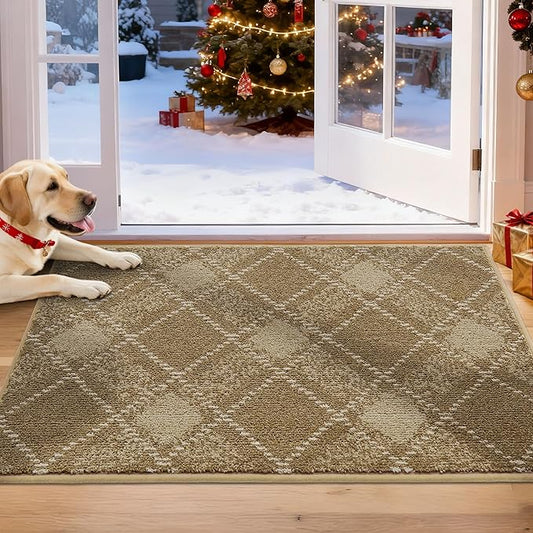COSY HOMEER Plaid Door Mat 20" x 32",Dirt Trapper Entryway Rugs,Non-Slip Washable Farmhouse Doormat,Low Profile Welcome Mats for Paws Taupe