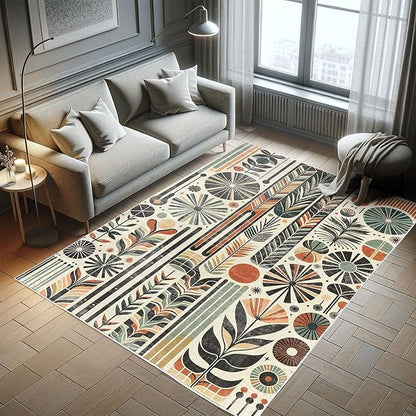 Ambesonne Bohemian Decorative Rug, Retro Mid Century Inspired Abstract Patterns on Ivory Background, Quality Carpet for Bedroom Dorm and Living Room, 2' x 5', Dark Orange and Reseda Green