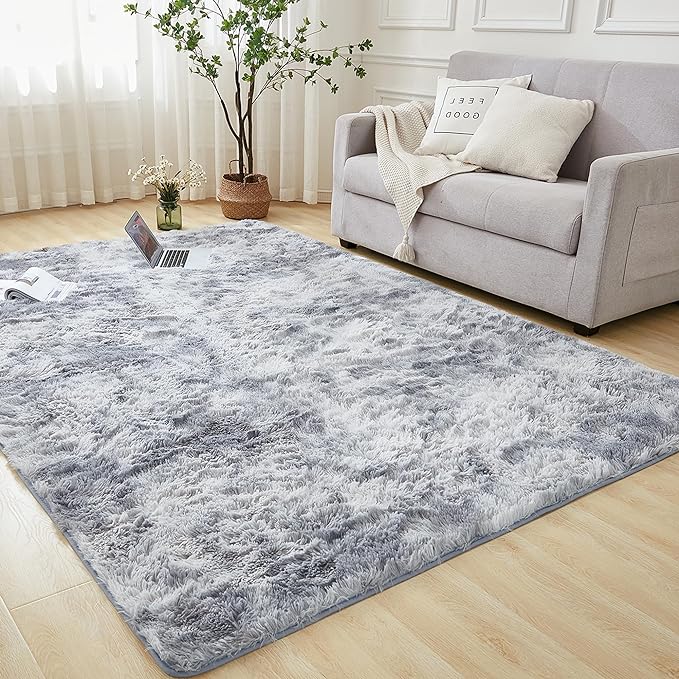 Andency Soft Area Rugs for Living Room Bedroom, 3x5 Non-Slip Fluffy Shag Carpet, Indoor Floor Fuzzy Shaggy Living Room Plush Rug for Kids Dorm Nursery Home Decor Aesthetic, Tie-Dyed Light Grey