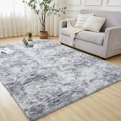 Andency Soft Area Rugs for Living Room Bedroom, 3x5 Non-Slip Fluffy Shag Carpet, Indoor Floor Fuzzy Shaggy Living Room Plush Rug for Kids Dorm Nursery Home Decor Aesthetic, Tie-Dyed Light Grey