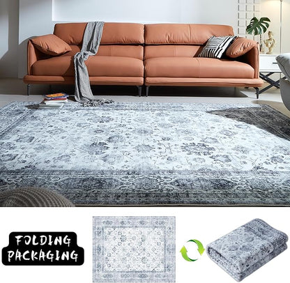 Rugcomf Runner Rug 2'x6' Hallway Washable Boho Soft Area Rug Non-Slip Non-Shedding Faux Wool Vintage for Kitchen, Entryway, Laundry, Bedroom, Indoor (Grey and White)