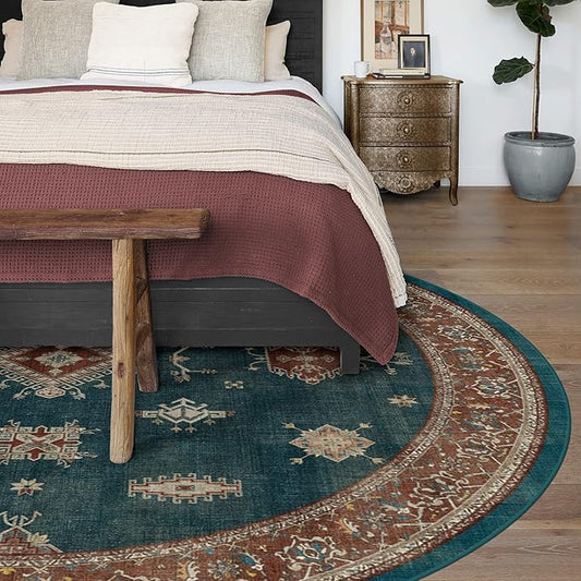 RUGGABLE Washable Vintage Area Rug – Verena Teal Blue 6 ft Round, Stain-Resistant, Non-Slip – Medium Machine Washable Rugs for Living Room, Bedroom, Hallway, Entryway & Office–with Cushioned Pad