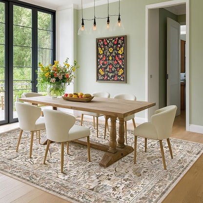 Moss Washable Dining Room Rug, 6x9 Floral Area Rug for Living Room, Boho Farmhouse Décor Low Pile Soft Bedroom Carpet, Brown Taupe Home Décor, Non Slip & Stain Resistant