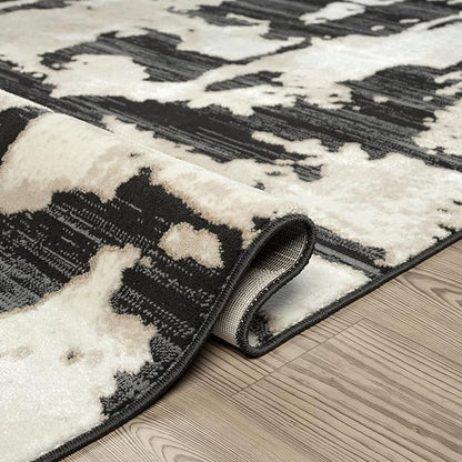 Abani Terra Cream Area Rug for Living Room, Bedroom - Black Abstract Pattern - 10' x 14' - Durable & Easy to Clean