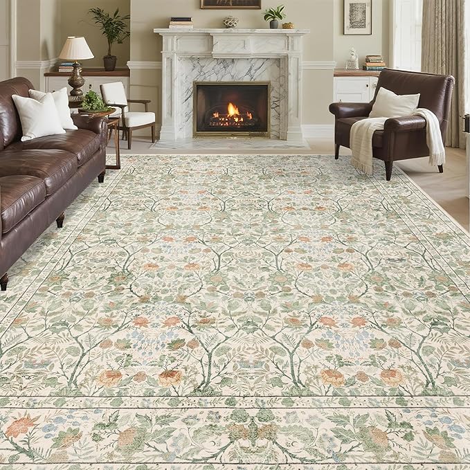 Washable Living Room Rug: 9x12 Boho Floral Soft Area Rug for Bedroom Decor - Vintage Low Pile Thin Carpet for Dining Room Non-Slip - Farmhouse Stain Resistant Rugs - Beige Green