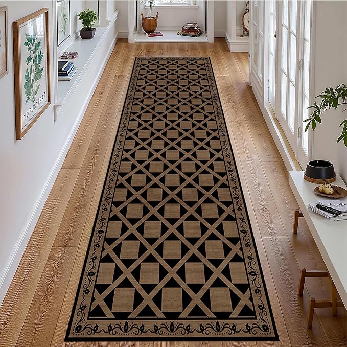 Minimalist Checkered Runner Rug, 2.6x7ft, Brown Checkerboard Floor Mat, Floral Print Hallway Kitchen Runners Rugs, Washable Breathable Reduce Noise Room Decor Carpet for Bedroom Foyer