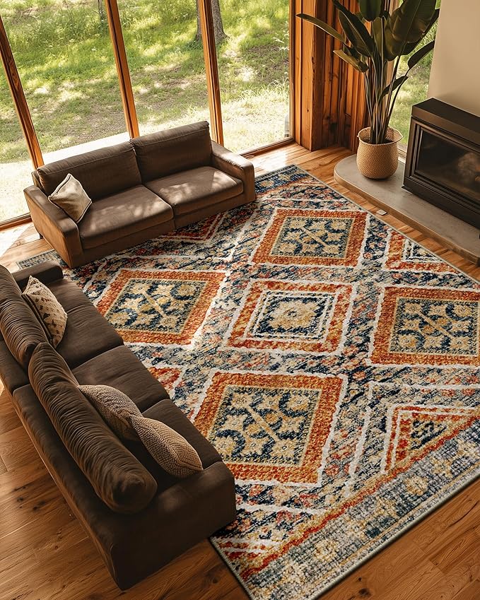 Area Rug 8x10 Rug Machine Washable Non-Slip Low Pile Print Pattern Western Rug Fall for Living Room Bedroom Entryway Tribal Series -Orange/Brown