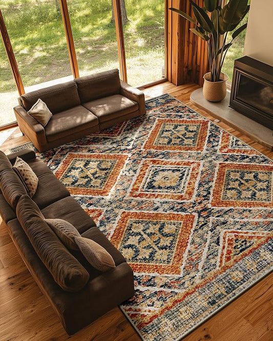 Area Rug 8x10 Rug Machine Washable Non-Slip Low Pile Print Pattern Western Rug Fall for Living Room Bedroom Entryway Tribal Series -Orange/Brown