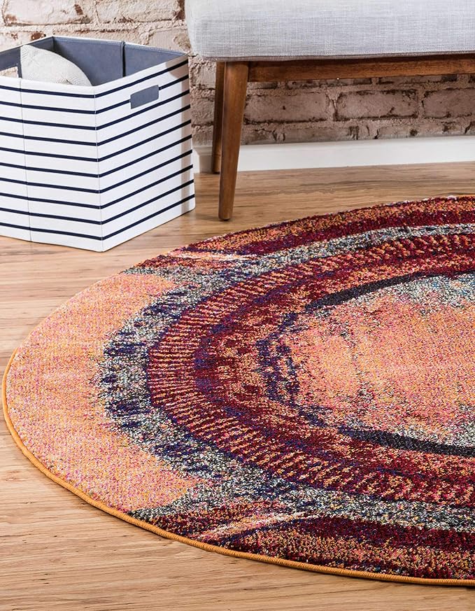 Unique Loom Estrella Collection Rustic, Distressed, Modern, Abstract Area Rug (8' 0 x 8' 0 Round, Orange/Black)
