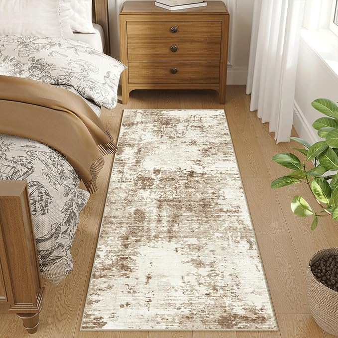 FMFUNCTEX 2x8 Runner Rug Washable Brown Beige Modern Abstract Neutral Non Slip Low Pile Entryway Hallway Soft Accent Indoor Carpet for Kitchen Bedroom Bathroom Laundry Entrance Bedside Living Room