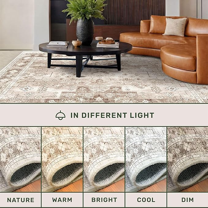 Washable Neutral Farmhouse Large Entryway Rug, 3x5 Area Rugs for Kitchen, Bedroom, Laundry Room, Nursery Room, Boho Vintage Floral Non-Slip Throw Rug Low Pile Stain Resistant (3x5 Beige/Latte)