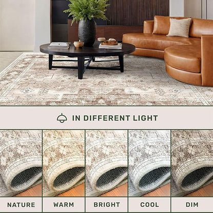 Washable Neutral Farmhouse Large Entryway Rug, 3x6 Area Rugs for Kitchen, Bedroom Beside Bed, Nursery Room, Boho Vintage Floral Non-Slip Throw Rug Low Pile Stain Resistant (3x6 Beige/Latte)