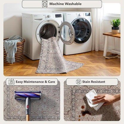 Kuden 2'6"x7' Runner Rug, Machine Washable Area Rug with Non-Slip Backing, Vintage Style, Soft, Easy Clean, Low Pile Rug for Hallway, Entryway, Kitchen, Bedroom