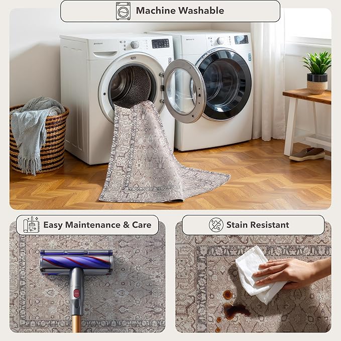 Kuden 5x7 Area Rug, Machine Washable Area Rug with Non-Slip Backing, Vintage Style, Soft, Easy Clean, Low Pile Rug for Living Room, Bedroom, Dining Room