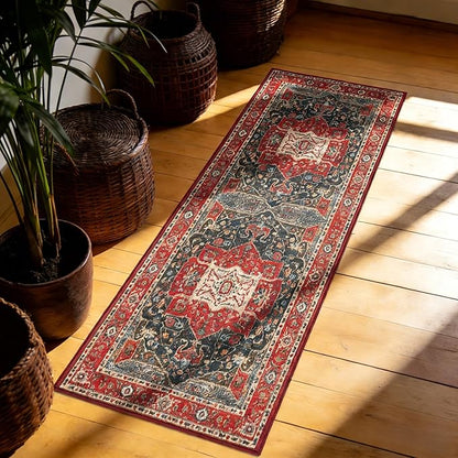 Enkor Runner Rugs for Hallway, 2x6 Washable Soft Boho Non Slip Floor Rugs for Kitchen, Modern Mat for Living Room Bedroom Entryway Red & Blue