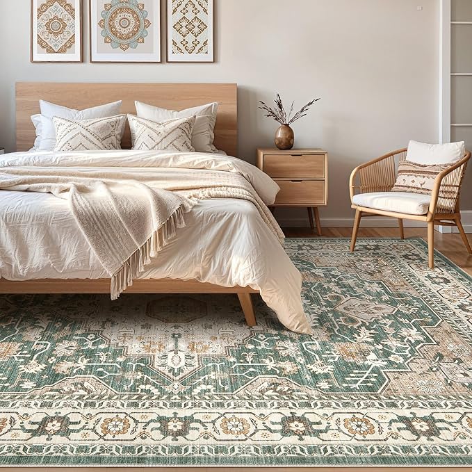12x15 Area Rug Living Room: Machine Washable Boho Large Vintage Soft Rugs Stain Resistant Farmhouse Oriental Non Slip Indoor Floor Carpet for Bedroom Nursery Kids Playroom Office Dining Room- Green