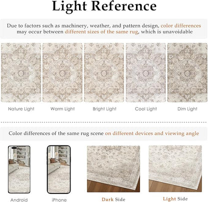 Beige Runner Rug 2'6"x12' Washable Vintage Carpet Hallway Kitchen Soft Retro Low Pile Thin Indoor Bedroom Non Slip Oriental Medallion Long Throw Rug for Bathroom Laundry Dining Room