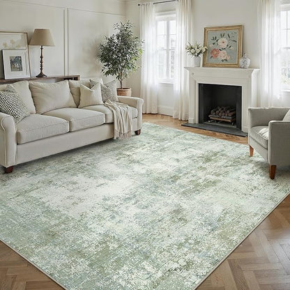 12x15 Washable Area Rug Sage Green Abstract Living Room Bedroom Carpet Neutral Modern Non-Slip Soft Low Pile Lightweight Vacuumable Large Throw Rug for Dining Room