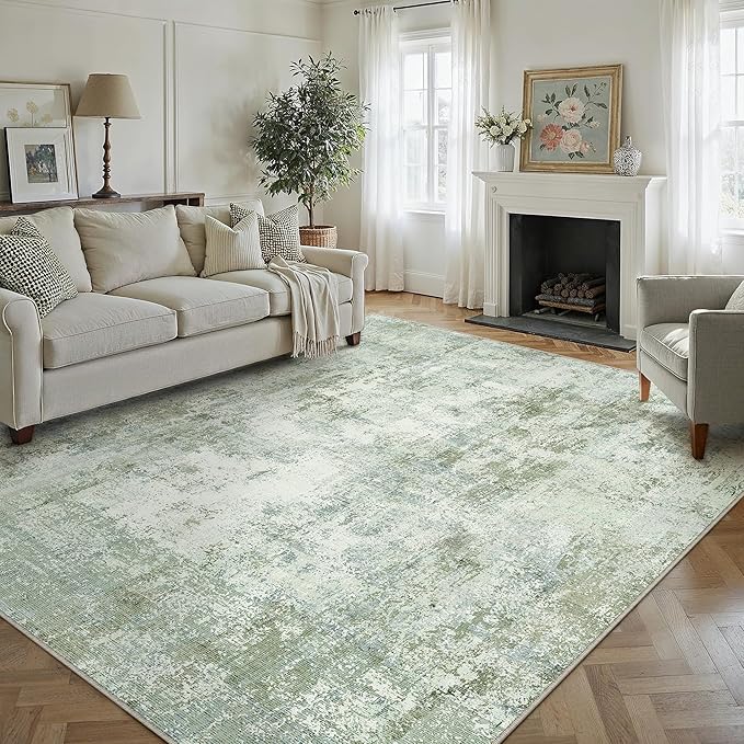 9x12 Washable Area Rug Sage Green Abstract Living Room Bedroom Carpet Neutral Modern Non-Slip Soft Low Pile Lightweight Vacuumable Large Throw Rug for Dining Room