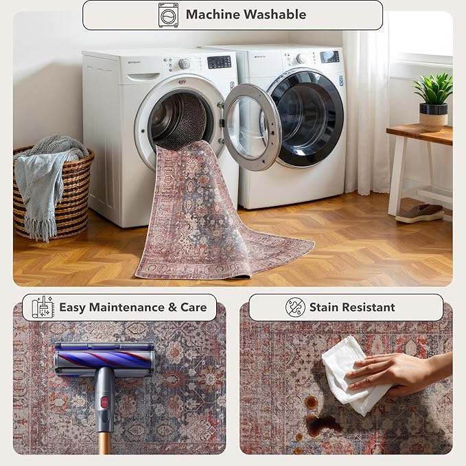 Kuden 4x6 Area Rug, Machine Washable Area Rug with Non-Slip Backing, Vintage Style, Soft, Easy Clean, Low Pile Rug for Living Room, Bedroom, Dining Room