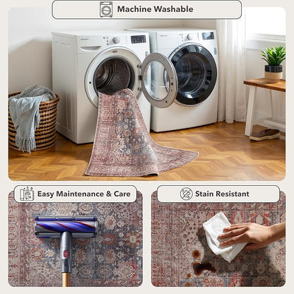Kuden 2'6"x7' Runner Rug, Machine Washable Area Rug with Non-Slip Backing, Vintage Style, Soft, Easy Clean, Low Pile Rug for Hallway, Entryway, Kitchen, Bedroom