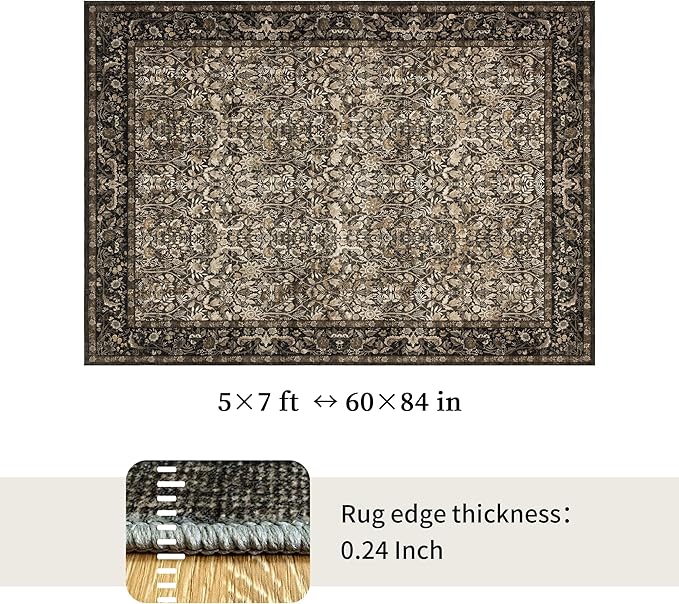 Washable Living Room Rug: 5x7 Boho Floral Soft Area Rug for Bedroom Decor - Vintage Low Pile Thin Carpet for Dining Room Non-Slip - Farmhouse Stain Resistant Rugs - Dark Brown