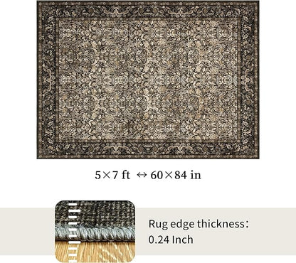 Washable Living Room Rug: 5x7 Boho Floral Soft Area Rug for Bedroom Decor - Vintage Low Pile Thin Carpet for Dining Room Non-Slip - Farmhouse Stain Resistant Rugs - Dark Brown