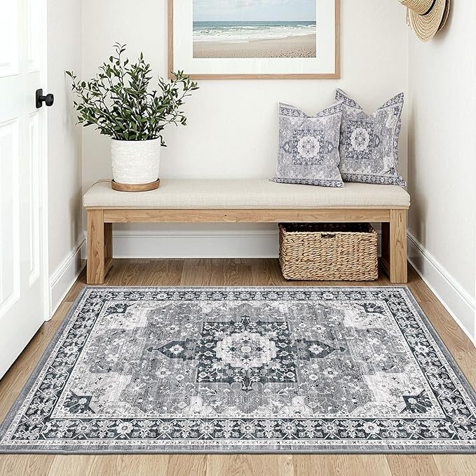 LUMI Indoor Thin Door Mat, 18x30 Washable Small Inside Doormat, Non Slip Low Pile Oriental Floor Carpet, Vintage Distressed Area Rug for Front Door,Entrance,Bedroom, Blue