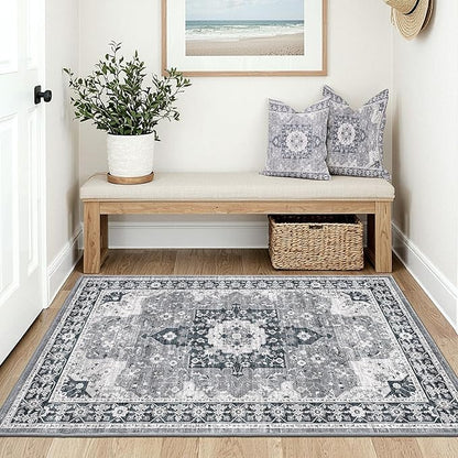 LUMI Indoor Thin Door Mat, 32x47 Washable Small Inside Doormat, Non Slip Low Pile Oriental Floor Carpet, Vintage Distressed Area Rug for Front Door,Entrance,Bedroom, Blue