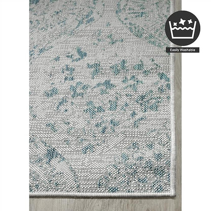 FH Home Flat Woven Outdoor Rug - Waterproof, Easy to Clean, Stain Resistant - Premium Polypropylene Yarn - Distressed Farmhouse - Large Patio, Deck, Sunroom - Granada - Aqua - 7ft 10in x 10ft 9in