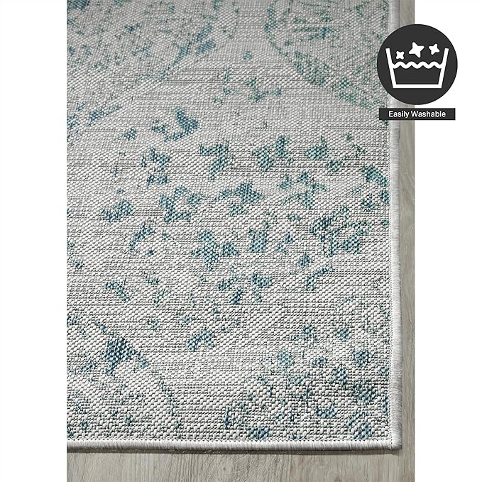 FH Home Flat Woven Outdoor Rug - Waterproof, Easy to Clean, Stain Resistant - Premium Polypropylene Yarn - Distressed Farmhouse - Patio, Deck, Porch, Balcony - Granada - Aqua - 3ft 11in x 5ft 6in