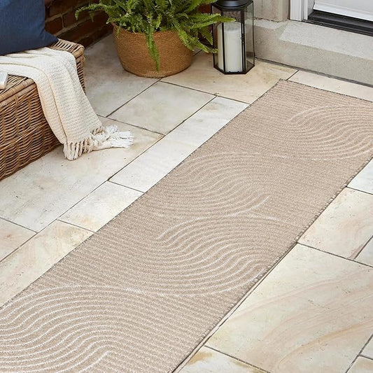 JONATHAN Y Hallie High-Low Curve Beige/Cream 2x8 Indoor/Outdoor Runner Rug, Minimalist Geometric, Pet Friendly, for Patio, Backyard, Living Room, Bedroom, Office, Hose-Washable (SCN100D-28)