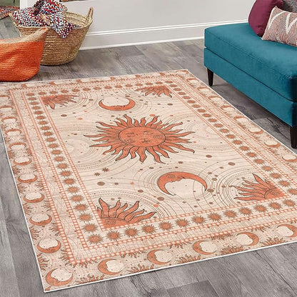 Ambesonne Sun and Moon Decorative Rug, Bohemian Artwork Design of Crescent Solar Ornament Esoteric Stars Ornaments, Quality Carpet for Bedroom Dorm and Living Room, 5' 1" X 7' 5", Burnt Sienna