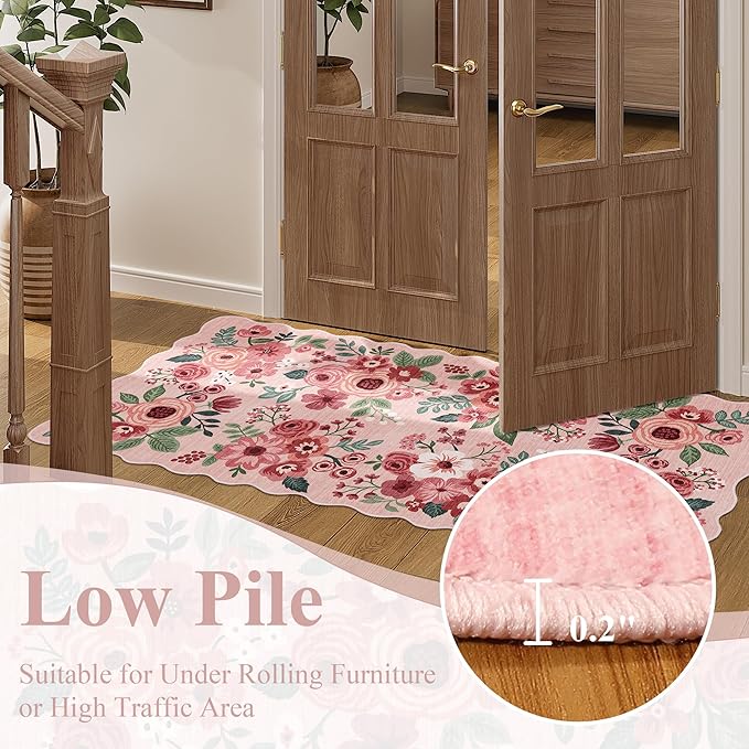 DUKINO 2x3 Entryway Rug, Floral Washable Indoor Door Mat with Non-Slip Backing, Soft Low Pile Small Front Door Throw Rugs for Entryway, Kitchen, Bedroom, Laundry, Bathroom,Pink