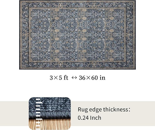 Washable Living Room Rug: 3x5 Boho Floral Soft Area Rug for Bedroom Decor - Vintage Low Pile Thin Carpet for Dining Room Non-Slip - Farmhouse Stain Resistant Rugs - Slate Blue