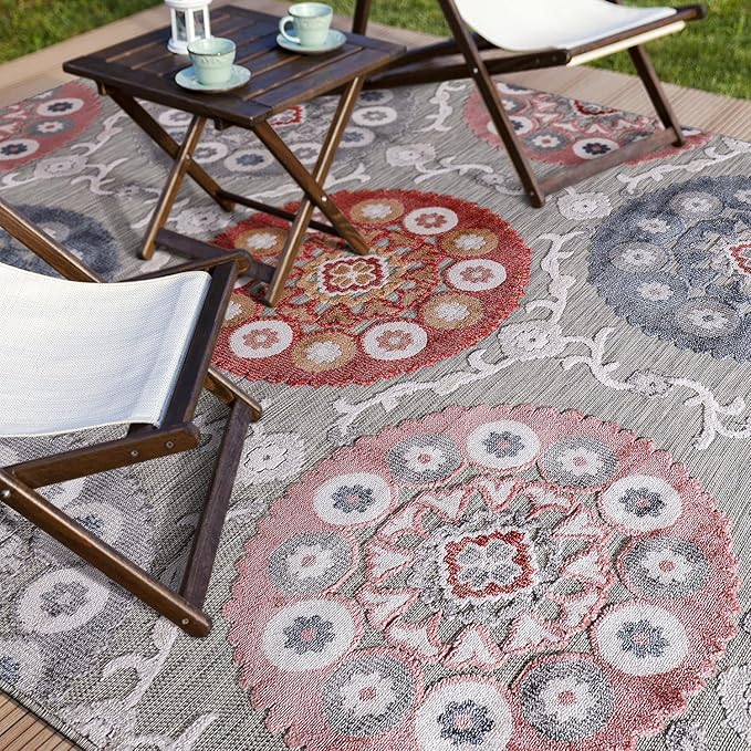 CAMILSON Indoor Outdoor Rug 6x9 Bohemian Medallion Floral Area Rugs for Indoor and Outdoor Patios Easy-Cleaning Non-Shedding Living Room Garden and Kitchen Washable Outside Carpet (6 x 9 / Multicolor)