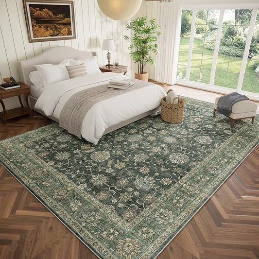 Washable 9x12 Area Rugs for Living Room, Boho Non-Slip Vintage Distress Lager Rugs for Bedroom Dining Room Nursery Office, 0.3" Neutral Oriental Throw Thin Carpet, Sage Green/Blue/Multi