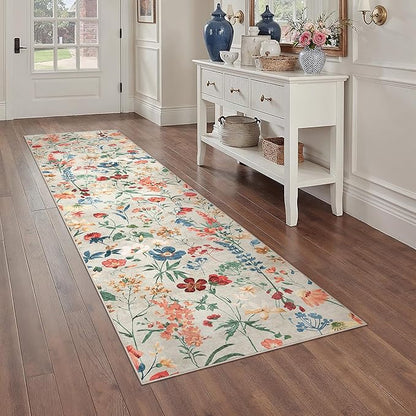 Floral Runner Rug 3x8 Washable Hallway Long Beige Bedroom Carpet Non Slip Indoor Boho Kitchen Low Pile Accent Rug Lightweight Soft for Bathroom Dining Laundry Living Room