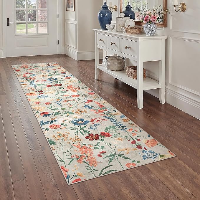 Floral Runner Rug 2x8 Washable Hallway Long Beige Bedroom Carpet Non Slip Indoor Boho Kitchen Low Pile Accent Rug Lightweight Soft for Bathroom Dining Laundry Living Room