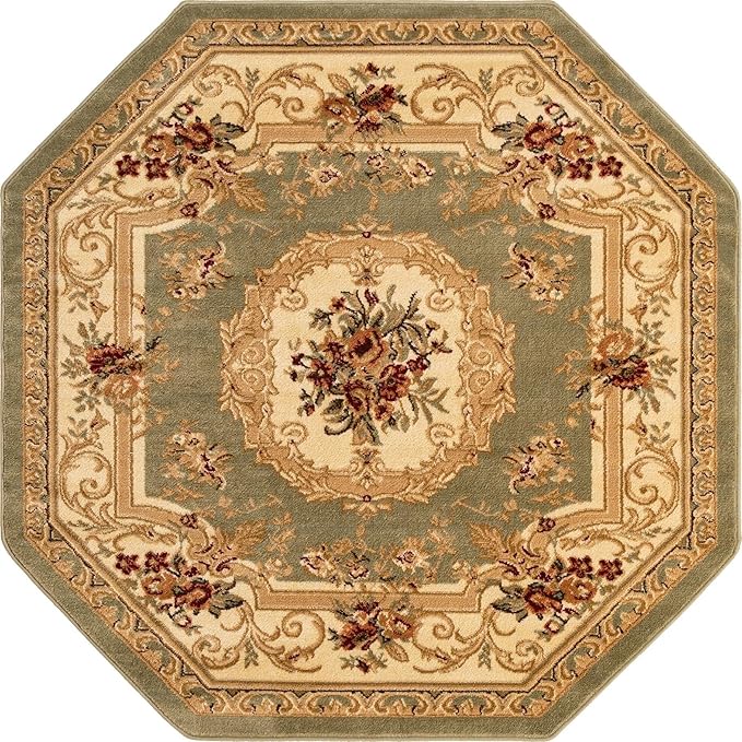 Rugs.com Chateau Collection Rug – 5' 3 Octagon Green Medium Rug Perfect for Living Rooms, Kitchens, Entryways