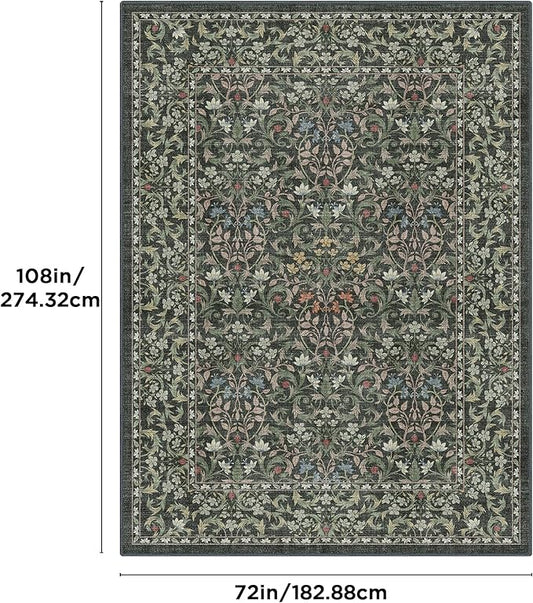 Bavni 6x9 Area Rugs for Living Room, Floral Rug Machine Washable Non Slip, Vintage Boho Forest Carpet, Soft Low Pile Thin Lightweight Rugs for Bedroom, Farmhouse, Dining Room Office, Emerald Green