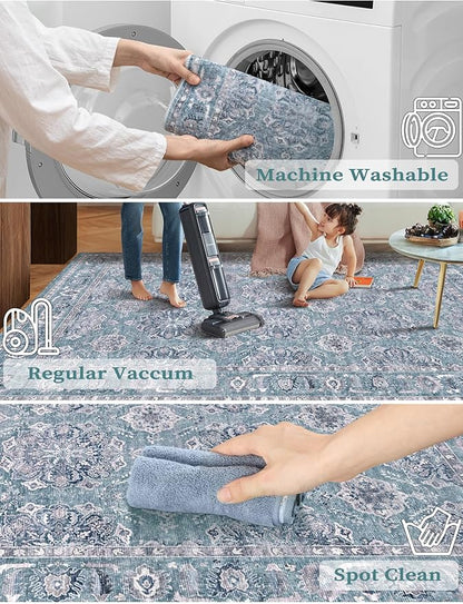 SERISSA Boho Washable Runner Rug, 2'6"x8' Non-Slip Vintage Floral Hallway Kitchen Runner Rug Ultra Soft Print Distressed Blue Grey Floor Carpet for Bedroom Bathroom Laundry Room