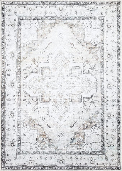 Bloom Rugs Washable Non-Slip 6' x 9' Rug - Brown/Beige/Charcoal Traditional Area Rug for Living Room, Bedroom, Dining Room, and Kitchen - Exact Size: 6' x 9'