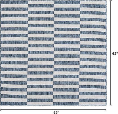 Unique Loom Outdoor Striped Collection Area Rug - Striped (5' 3" Square Blue/Ivory)