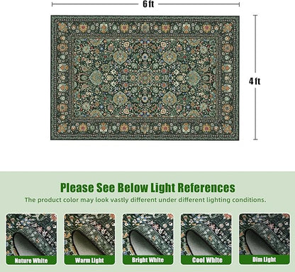 Dark Green Rug 4x6 Area Rug with Non-Slip Backing, Washable Rugs for Bedroom Living Room Kitchen, Distressed Carpet Printed Low-Pile Soft Dorm Rug Room Decor