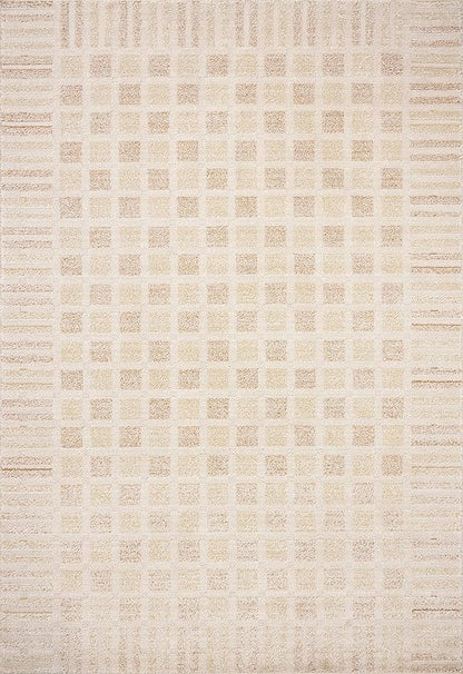 Loloi Chris Loves Julia Calvin Collection CLV-03 Bone/Natural 7'-10" x 7'-10" Round Area Rug Checkered Neutral Soft Living Room Bedroom Carpet