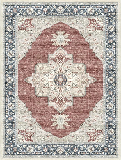 9X12 Washable Vintage Area Rug Boho Chic Medallion Distressed Design Non-Shedding Easy Care Ideal for High Traffic Areas in Living Room Bedroom Office Large Carpet (Brick/Beige, 9x12)